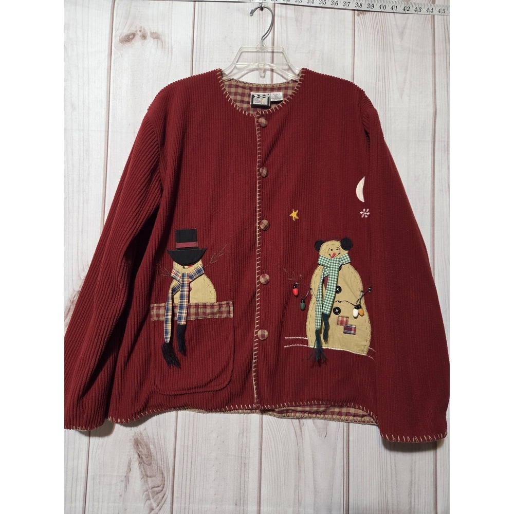 Take Two Clothing Co Womens Large Burgundy Corduroy Snowman Winter Jacket L